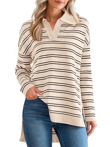 MASCOMODA Womens Sweaters Fall 2025 Oversized Striped Sweater Long Sleeve Polo V Neck Loose Side Slit Knitted Tunic Tops(Apricot,Large)