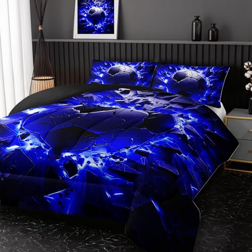Image of Nttopship Soccer Bedding Comforter Set King Size for Kids Teens and Adults, Blue and Black Football Printed Bedding Sets 3 PCS,Ball Sports Themed Bedroom Decor with 1 Comforter and 2 Pillowcases