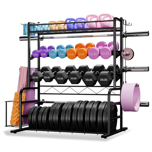 XL Adjustable Weight Rack for Dumbbells - Barbell Holder Bumper Plate Storage Rack with 3 Olympic Bar Racks, Dumbbell Rack Weight Stand,Home Gym Storage Rack for kettlebells,Yoga Mat