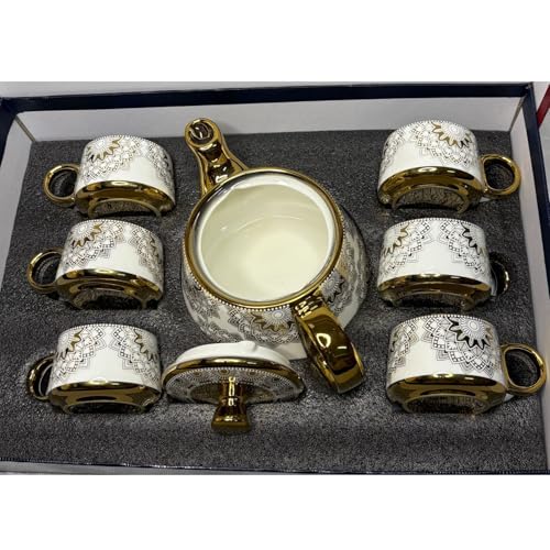 Image of DMRD MART-Porcelain Tea Set with Kettle |Tea Cup Set 7Pc | Aesthetic and Classic Cups Set | Premium Crockery for Home & Gifting with Golden Color Geometric Pattern Design. (Golden Lattice)