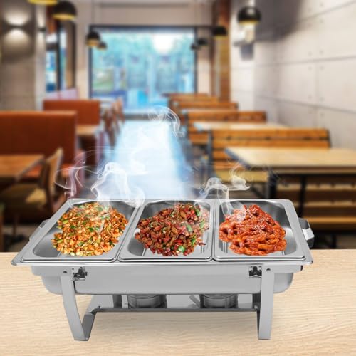 panfudongk Edelstahl Buffetwärmer Speisenwärmer Chafing Dish Buffet Set - Food Warmer Warmhaltebehälter 8L Speisewärmer - Catering Wärmebehälter mit 3 Speisenpfannen – Bild 3