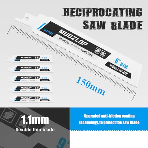 Image of 5 Pack 6 inch Reciprocating Saw Blades Set,14 /18TPI High Carbon Saw Blades,Metal Saw Blades with Organizer Case (5, 14 /18TPI /6 inch)