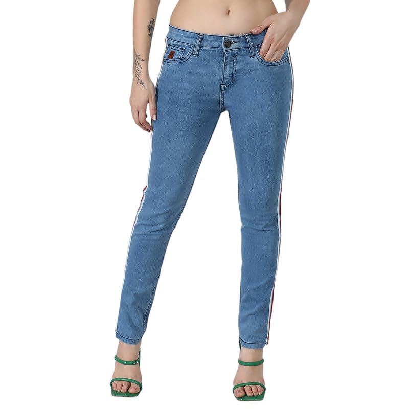 Image of PINACOLADA Women's Side-Striped Denim Jeans for Casual Wear | Light-Wash | Regular Fit | Button Closure | Cotton Denim Jeans Crafted with Comfort Fit for Everyday Wear