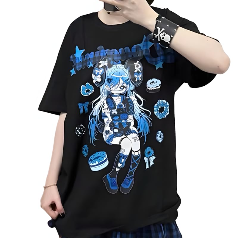 Image of Harajuku Kawaii Crewneck Cartoon Anime Doughnut Girl Print T-Shirt | Cutecore, Vintage Casual Style, Streetwear, Athleisure, Cotton Materials, Loose Fit, Short Sleeve, For Women Daily Wear