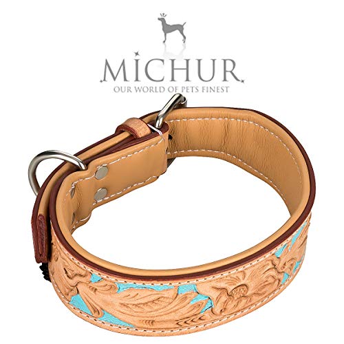 MICHUR Mariano Hundehalsband Leder, Lederhalsband Hund, Halsband, Beige Blau Braun, Leder, mit gestanzten blumigen Mustern, Halsumfang 35-43cm / Gesamtlänge 50cm