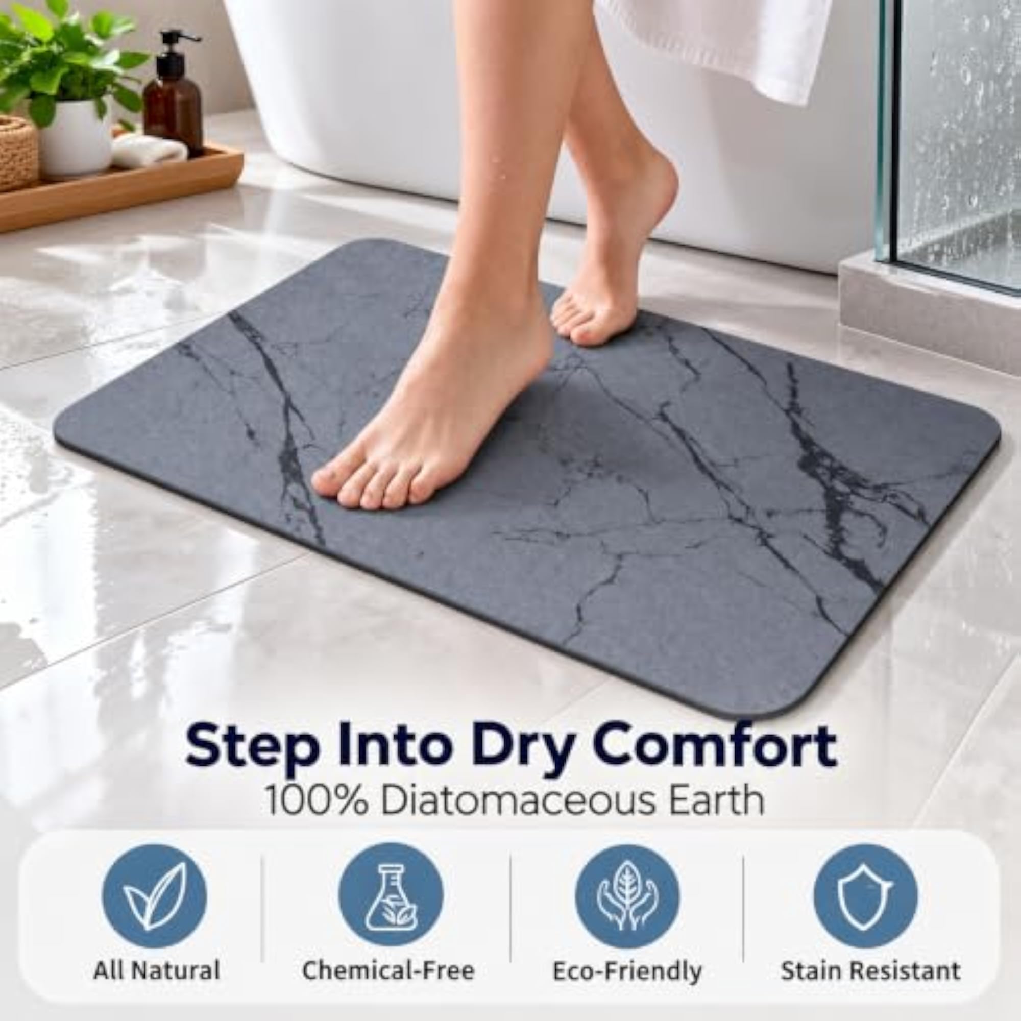 Grey Marble Stone Bath Mat, Quick Dry Diatomaceous Earth Rug