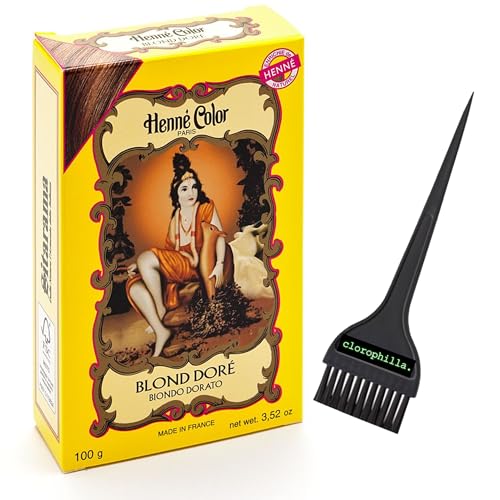 Sitarama Henna Color – Coloración natural para el cabello con agua sin amoniaco ni agua oxigenat, sin PPD – Polvo Henne 100 g y pincel clorophilla (rubio dorado, 100 g)