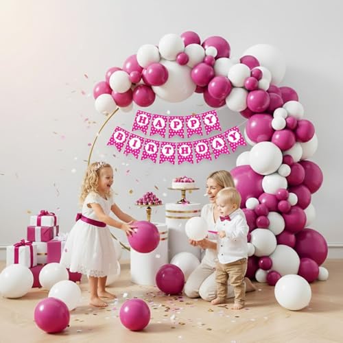 Image of Rozi Decoration Pink and White Balloon Arch Decoration Kit with Happy Birthday Paper Banner, 32 Pieces Party Decor Set for Birthday Celebration, Girls Birthday Decor