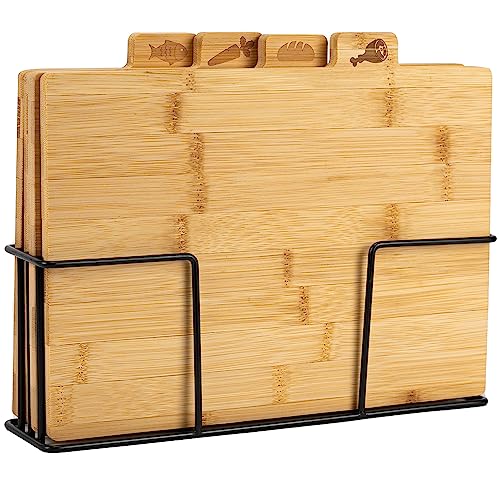 KARL HAUSMANN Set 4 Taglieri in Bambù con Supporto - Tagliere Cucina Legno con Icone Carne Pesce Verdure Pane, Antiscivolo, Antibatterico, Salvaspazio per Cucina