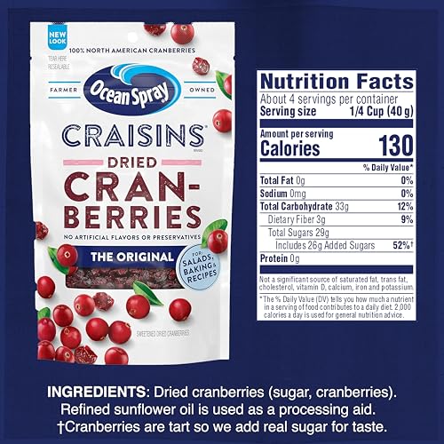 Image of Ocean Spray Craisins Dried Cranberries Bundle - Original & Sour Blueberry Lemon Flavors, 6 Oz Resealable Pouches (Pack of 2)