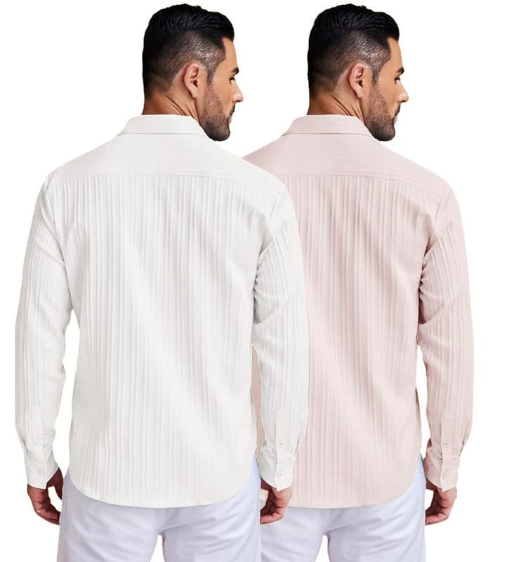 Image of DEELMO Combo of Men's Casual Button Down Shirts Long Sleeve Linen Shirt Fashion Textured Summer Shirts Pack of 2