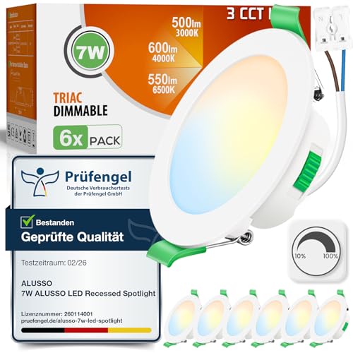 ALUSSO LED Einbaustrahler 230V Dimmbar 68mm 7W Ultra Flach IP44 LED Spots Warmweiß Neutralweiß Kaltweiß Deckenspots für Badezimmer Küche Wohnzimmer, Weiss, 6er Set