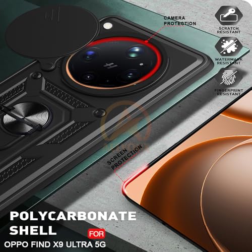 Image of Armor Bumper Back Cover Case for Oppo Find X9 Ultra 5G Rotating Camera Cover, Ring Holder & Kickstand | Heavy Duty & 360 Degree Protection Back Cover for Oppo Find X9 Ultra 5G (Black)