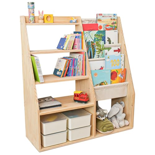 MORIMOE Kidsâ€™ Bookcase & Toy Storage Organizer, Solid Wood, 100% Non-Toxic, Multipurpose Bookshelf for Playroom, Toddler Room, Classroom, Large Capacity
