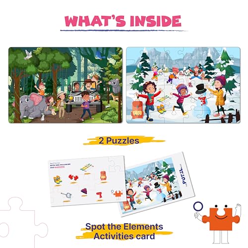 Image of Set of 2 Vacation Theme Jigsaw Puzzles for Kids 5+ Years - 48 Piece Forest & Mountain Puzzle for Kids Age 4-6, Fun Educational Puzzle Game