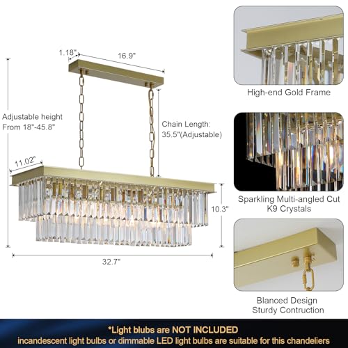 Image of Modern Rectangular Crystal Chandelier Gold Island Rectangle Pendant Light