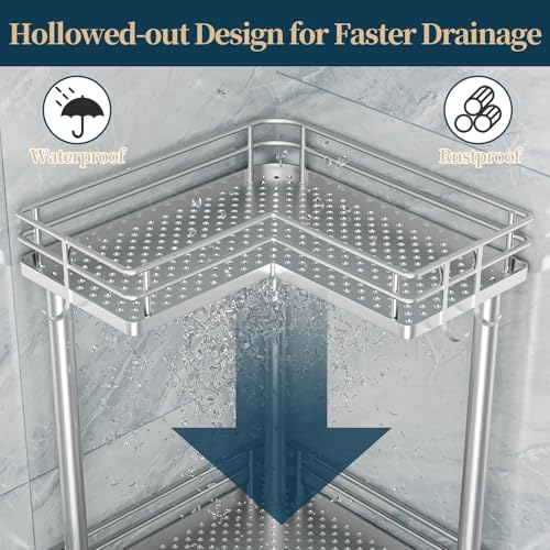 Image of Consumest Corner Shower Caddy Standing - 3-Tier Stainless Steel Shower Organizer with Soap Holder and 4 Hooks, Large Capacity Corner Shelf Stand for Bathroom, Rest Room, Silver