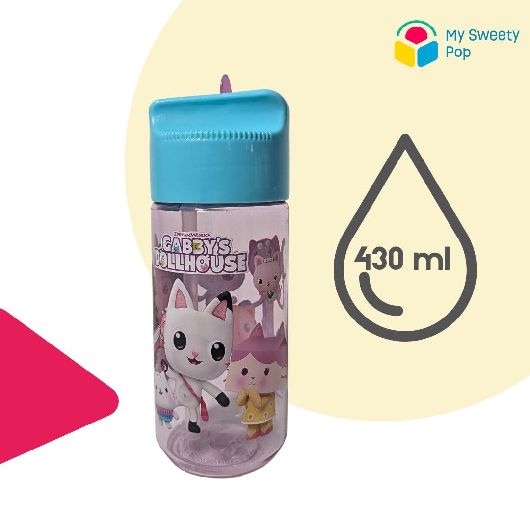 My sweety pop - Gabby's Dollhouse Plastic Kids Drinking Bottle with Straw - 17cm - Clear Bottle for School, Sports, Outings - Secure Closure - Transparent - Pink/Blue - Image 4
