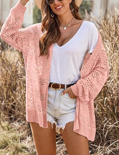Image of HOTOUCH Lightweight Crochet Cardigan for Women Long Sleeve Open Front Knit Oversized Cardigans Sweaters