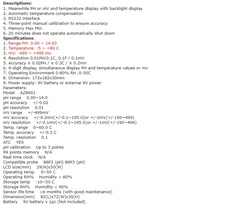 Table of detailed specifications for the AZ8601 pH/mV/Temperature meter