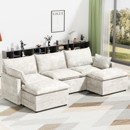 Image of LEVELEVE 112.5 inch U-Shape Modular Sofa with 2 Ottomans, Deep Seat Cloud Convertible Sleeper, 2 Arm Pillows, Comfortable Upholstered Furniture for Living Room Apartment, Beige