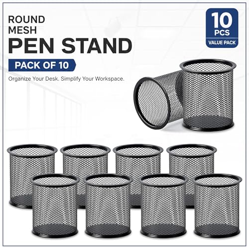Image of GLUN Round Black Mesh Metal Desk Pen Stands 10 Piece, Pencil and Other Stationery Organiser Holder, Use at Office, School and Home