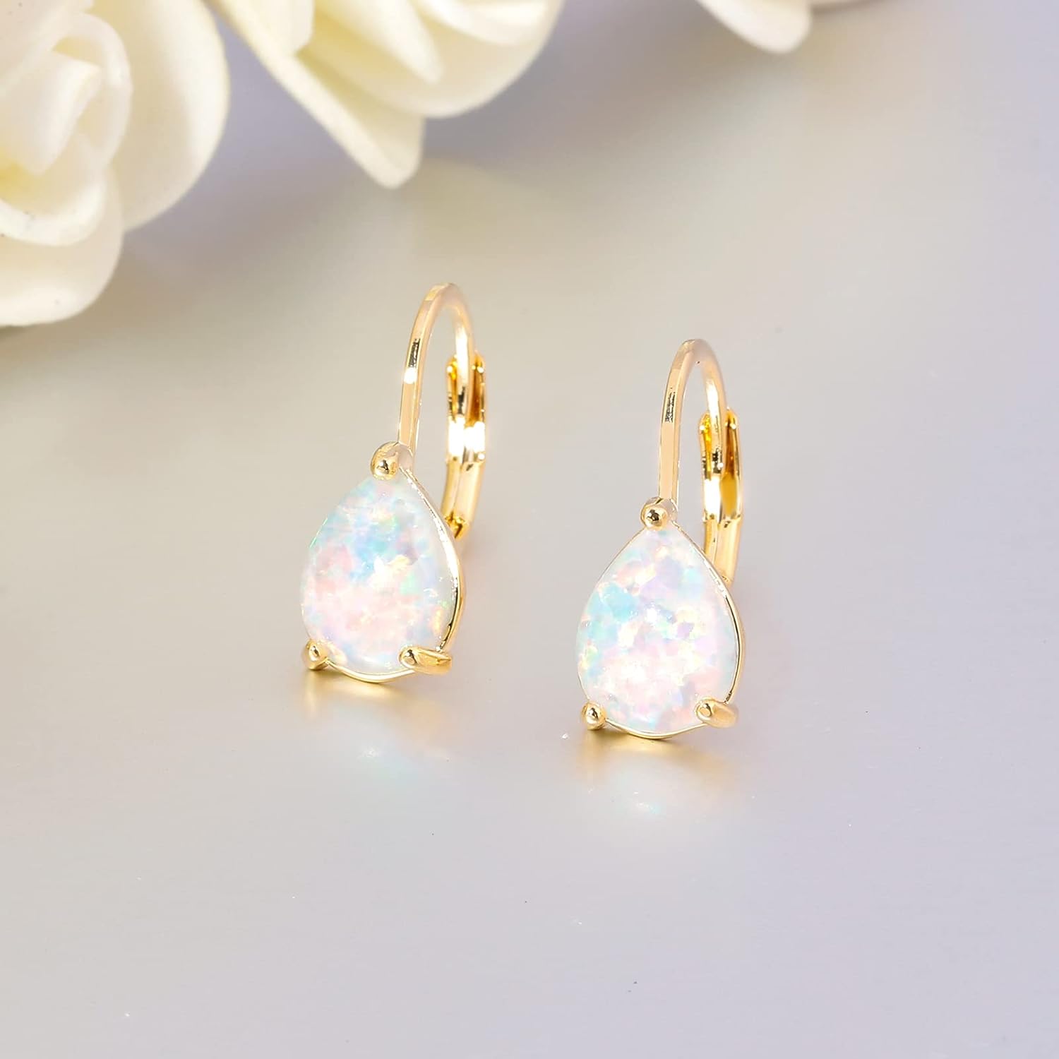 CiNily Opal Teardrop Earrings for Women Girls Hypoallergenic 14K Withe Gold Plated Dainty Opal Drop Earrings Leverback Dangle Earrings Jewelry for Sensitive Ears Mothers Gifts - Image 6