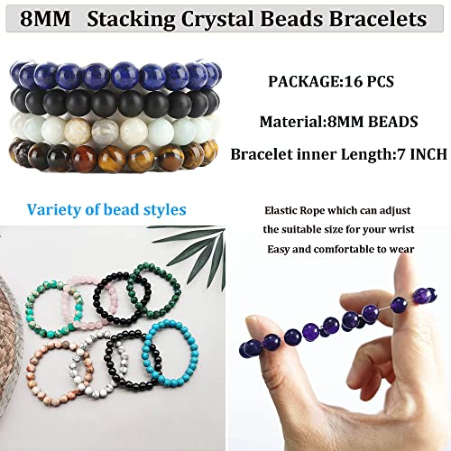 Casdan 16Pcs 8Mm Semi-Precious Gemstones Beaded Bracelets For Women Men Healing Crystal Stone Bracelet Stretch Round Beaded Elastic Bracelets Unisex Jewelry Gifts #TOP2