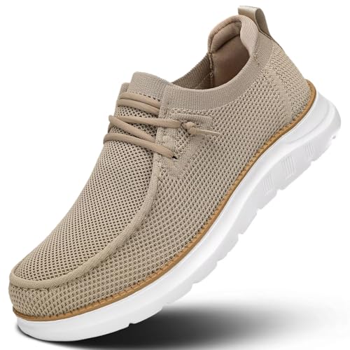 Image of Mens Boat Loafers Slip-on Casual Mesh Walking Shoes Business Oxfords Sneakers Work Lightweight Comfortable Soft Sole Khaki