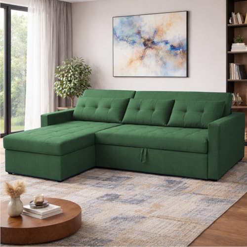 Image of Emilio 4 Seater LHS L - Shape Pull-Out Sofa Cum Bed Sofa for Living Room (Green Fabric Color) Premium Fabric Sofa Set for Living Room Sofa Cum Bed