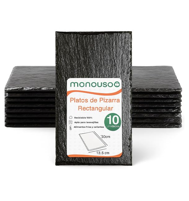 Monouso | 10 Platos de Imitación Pizarra Rectangular, 30x15,8cm, Tablas de Pizarra en PS para Servir Aperitivos, Bandeja para Alimentos, Antideslizante, Reciclable, Apto para Lavavajillas