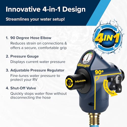 Image of Camco Tastepure 4-in-1 Adjustable RV Water Pressure Regulator - Combines a 90 RV Hose Elbow Design, Pressure Gauge, Adjustable Regulator, & Shut-Off Valve in One RV Accessory (40065)