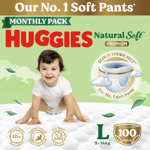 Image of Huggies Natural Soft Premium Baby Diaper Pants, Our No.1 Soft Pants, Large (L) Size (9-14 Kgs), Monthly Pack of 100 diapers | Cloud Softness All over with India's 1st Cloud Touch BeltTM