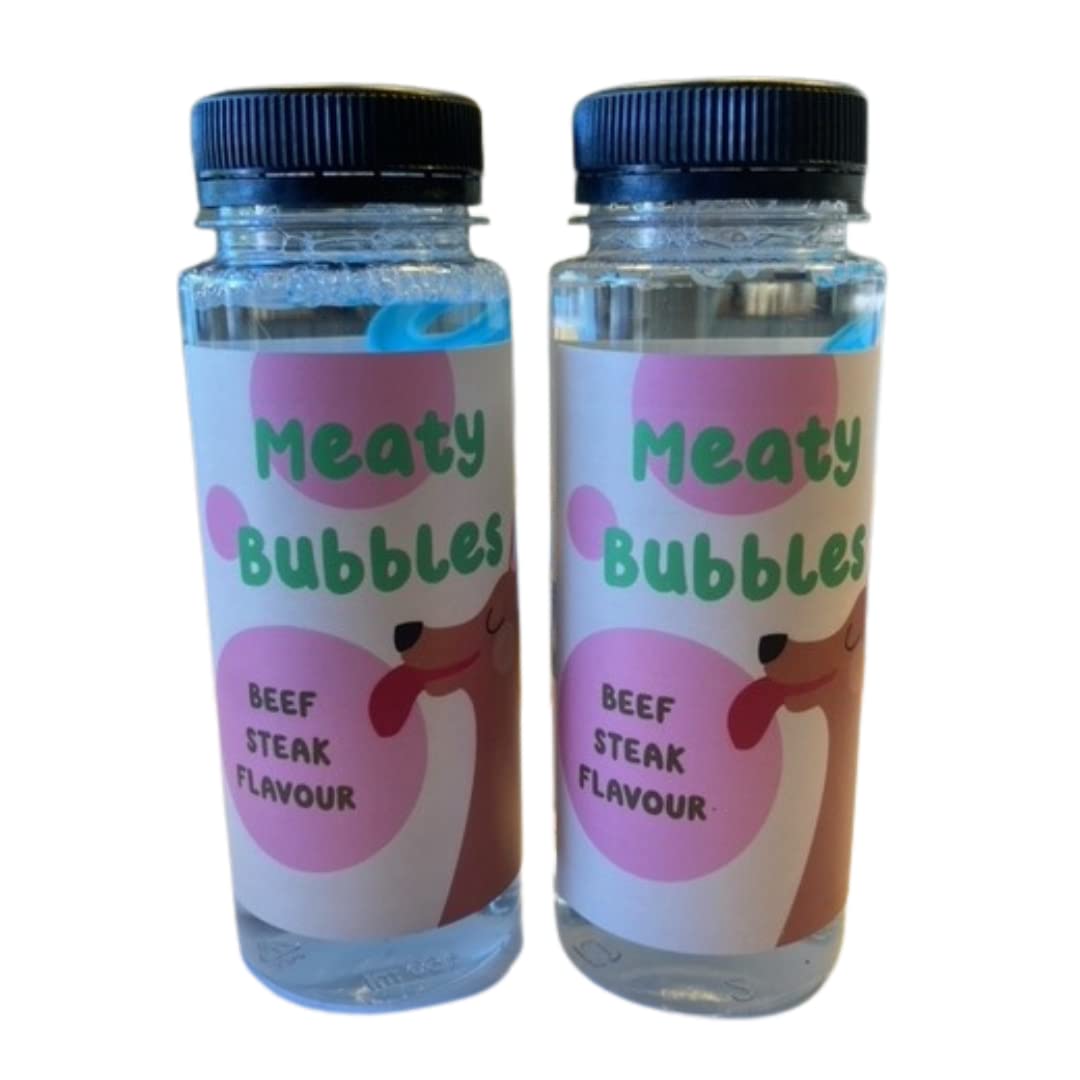 Meaty Bubbles Bubbles For Dogs MULTIPACK x 2, Dog Toys, Pet Bubbles Blowing Bubbles, Pet Toys, Dog Interactive Toys, Birthday Gifts For Dogs NON TOXIC, VEGAN FRIENDLY ((BEEF STEAK PACK OF 2))