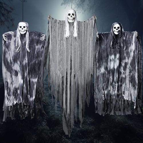 Image of JOYIN 3 Pcs Hanging Halloween Skeleton Ghosts Decorations Outdoor, Grim Reapers for Best Halloween Outdoor Decorations, Haunted Haunted House Prop, Party Supplies