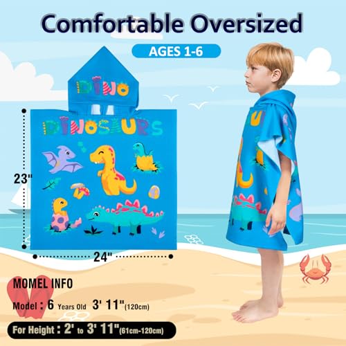 Image of growell Hooded Kids Beach Towels - Toddler Bath Towel Girls Boys Swim Cover-ups for Ages 1 to 6 Kids Pool Towels Quick Dry Lightweight Soft Microfiber Poncho Towel 24x23 (Dinosaur Sky Blue)