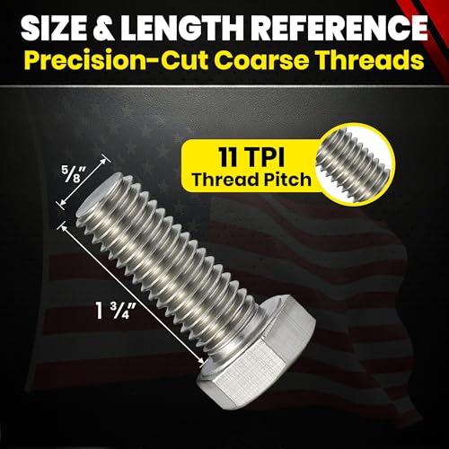 Image of Chenango Supply 5 /8-11 x 1-3 /4 inch Stainless Steel Hex Head Bolts | 304 Stainless, USS Coarse Thread, 100,000-125,000 PSI Tensile Strength, Corrosion-Resistant Hardware Bolts (10 Pieces)