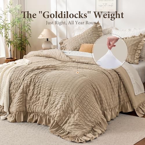 Image of JOLLYVOGUE King Size Comforter Set, 3 Pieces Khaki Seersucker Comforters King Size, Lightweight & Fluffy Bedding Sets King for All Season with 1 Ruffle Comforter and 2 Ruffle Pillowshams