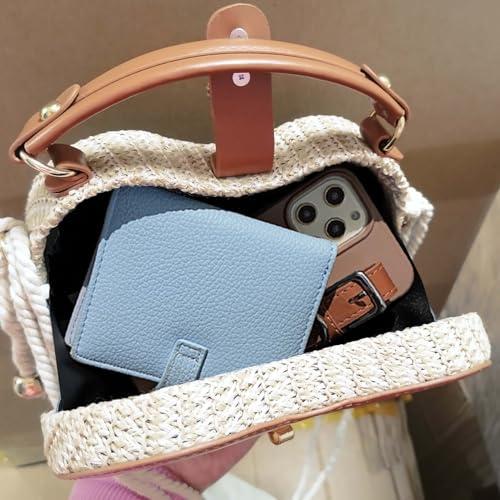 Image of Beach Straw Purse for Women Crossbody Straw Beach Cute Tote Brown Woven Basket Purse Vacation Handbag Shoulder Bag