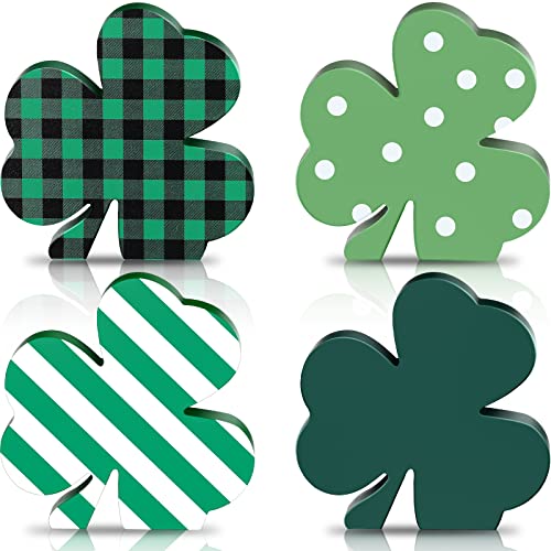 4 Pieces St Patricks Wooden Shamrock Table Signs Irish Lucky Wood Table Centerpiece St. Patrick Decoration for Holiday Home Office Tiered Tray Decor(Simple Style)
