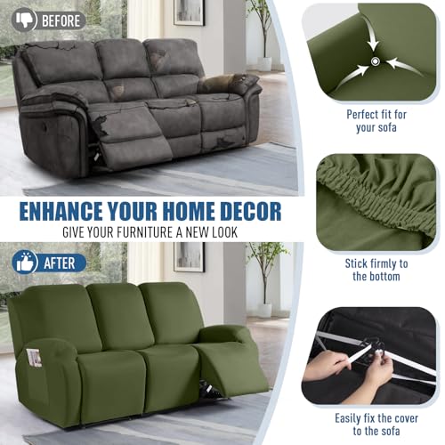 Image of TAOCOCO Recliner Couch Covers 3 Pieces, Stretch Sofa Covers for 3 Seat Reclining Couch, Polyester Fabric Recliner Covers Soft Washable Furniture Protector with Pockets (3 Seat, Olive Green)