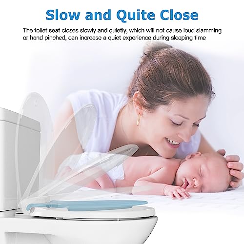 Toilet Seat, Round Toilet Seat with Toddler Seat Built in, Potty Training Toilet Seat Round Fits Both Adult and Child, with Slow Close and Magnets- white and blue