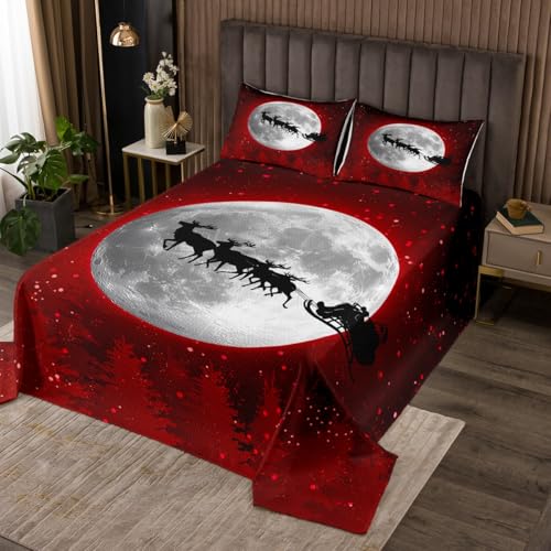 Erosebridal Kids Merry Christmas Bedspread Queen, Xmas Santa Claus Quilted Boys Girls Cute Deer Elk Bedspread Quilt Set Children Teens Starry Sky Sparkly Coverlet Set with 2 Pillow Shams, Red