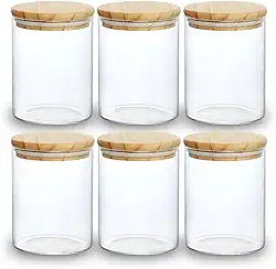 Kit 06 Potes de Mantimentos Herméticos 300ml Pote Redondo de Vidro Tampa De Bambu Premium