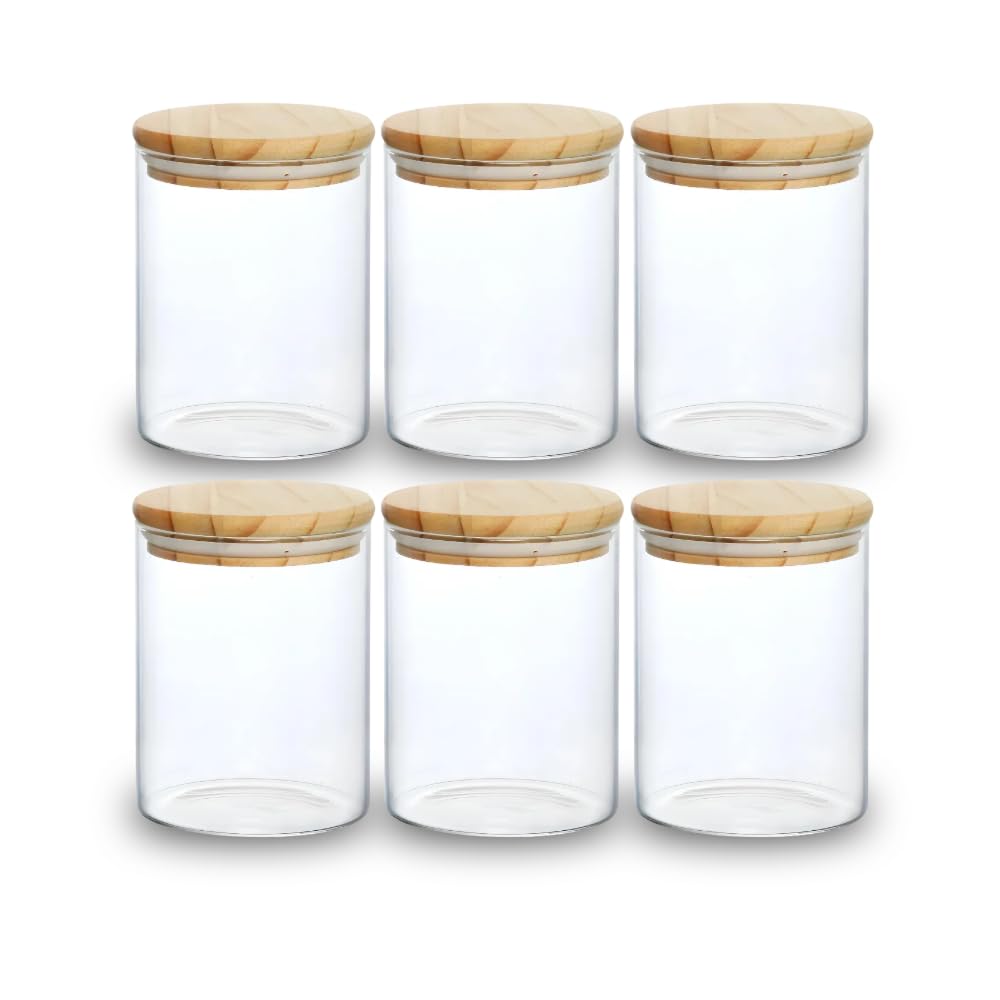 Kit 06 Potes de Mantimentos Herméticos 300ml Pote Redondo de Vidro Tampa De Bambu Premium