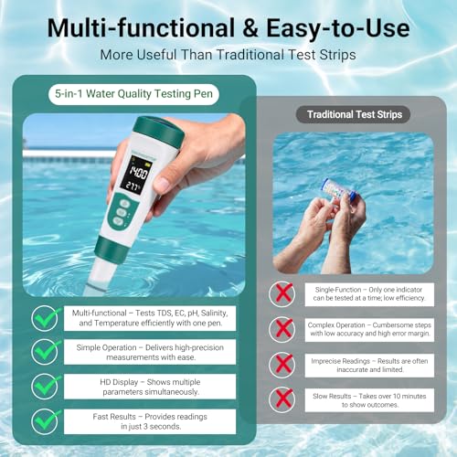 Image of 5-in-1 Digital Water Tester TDS Meter Auto Calibration for Pool & Aquarium | Portable Water Quality Testing Pen with EC pH Salinity Temperature and TDS Meter for Drinking Water, Fish Tank, Hydroponics
