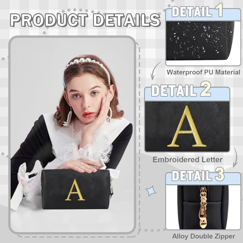 Personalized Gift Initial Makeup Bag,Preppy Gold Embroidered Letter Cosmetic Bag Stocking Stuffers for Teen Girls,Small Travel Toiletry Bag,Custom Christmas Birthday Gift for Women Mom Kids(Black-A)3