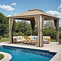 Sannwsg Outdoor Patio Gazebo 10x12 FT, Soft Top Gazebo with Arched Roof Canopy, Metal Frame, Mosquito Netting & Privacy Curtains, for Backyard & Deck, Brown