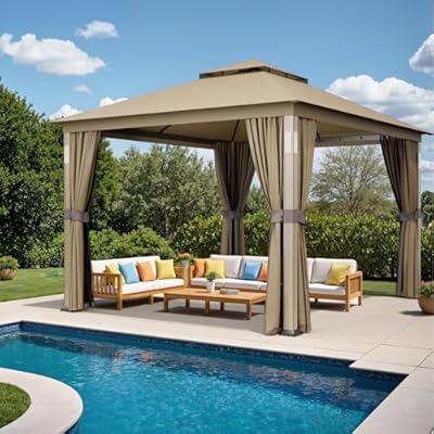 Sannwsg Outdoor Patio Gazebo 10x12 FT, Soft Top Gazebo with Arched Roof Canopy, Metal Frame, Mosquito Netting & Privacy Curtains, for Backyard & Deck, Brown