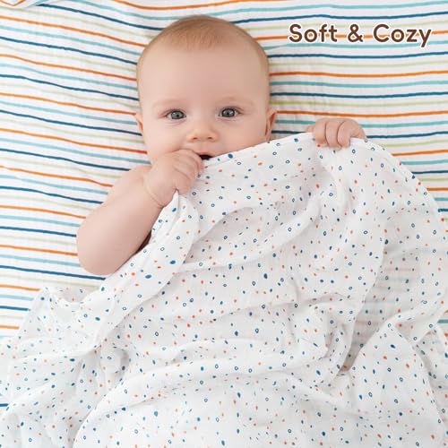 Image of david's kids 4 Pack Baby Muslin Swaddle Blankets, 100% Cotton and Ultra Soft Breathable Receiving Blanket Wrap for Boys Girls, New Born Essentials, Large 47 x 47 inches, Dinosaur Blue